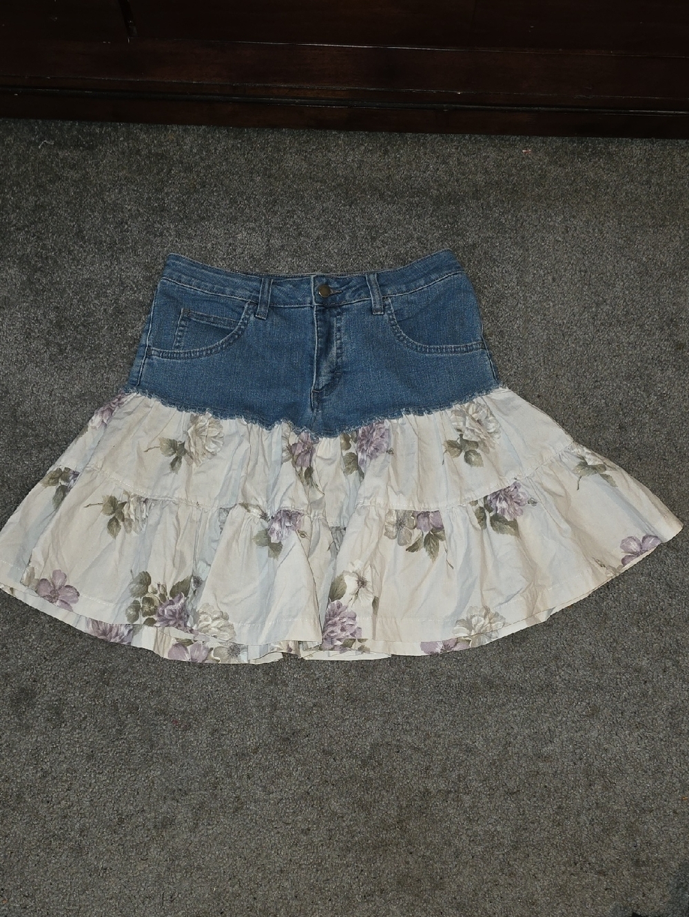 Riders by Lee Denim Waist Floral Tiered Skirt - Blue and Cream
